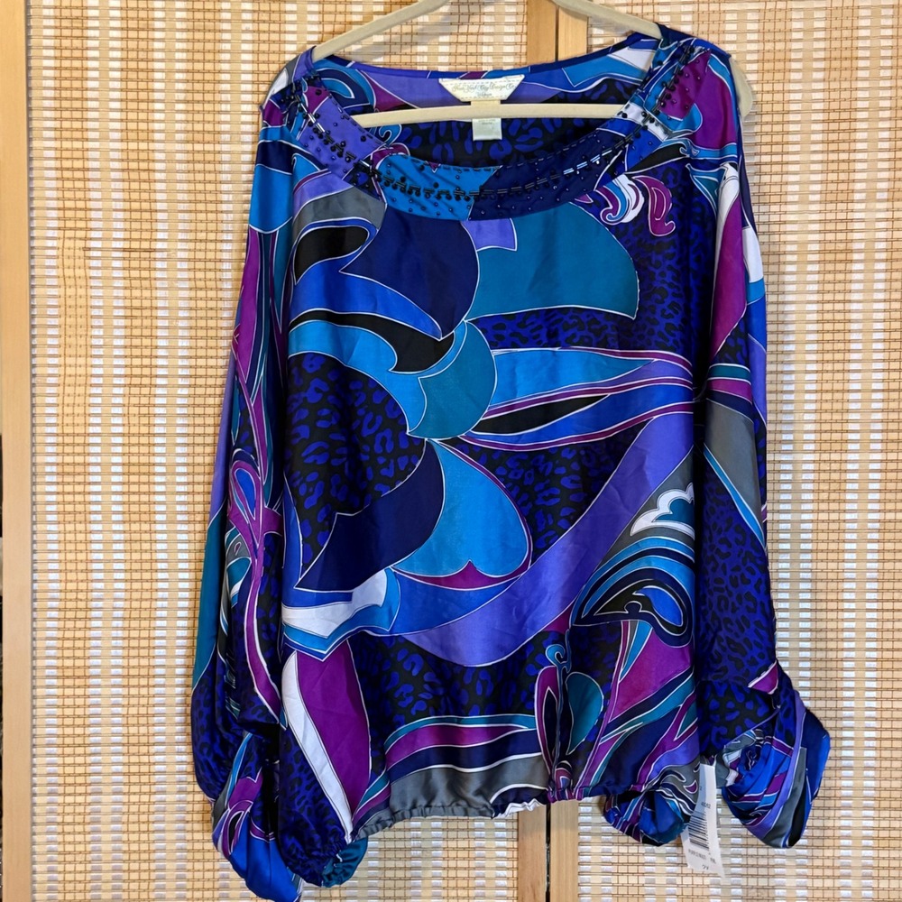 New York City Design Co Woman Purple Abstract Beaded Blouse 2X NWT Bohemian